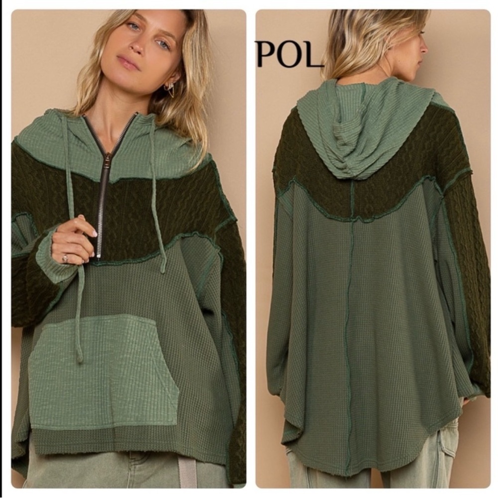 Pol Women's Olive Patchwork Hoodie Sweater - image 1